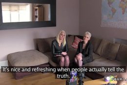 Blonde lesbians sharing British agents dick