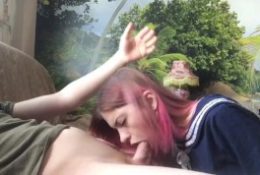 pink-haired schoolgirl amazing blowjob takes the sperm on the face