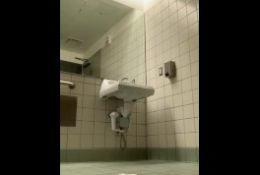 Arab hairy jock takes huge dick in public restroom. Deep fucking