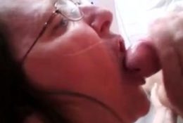 Four eyes granny suck dick and drink cum in front her hubby