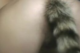 Squirrel tail toy plug in super hairy milf pussy doggy style